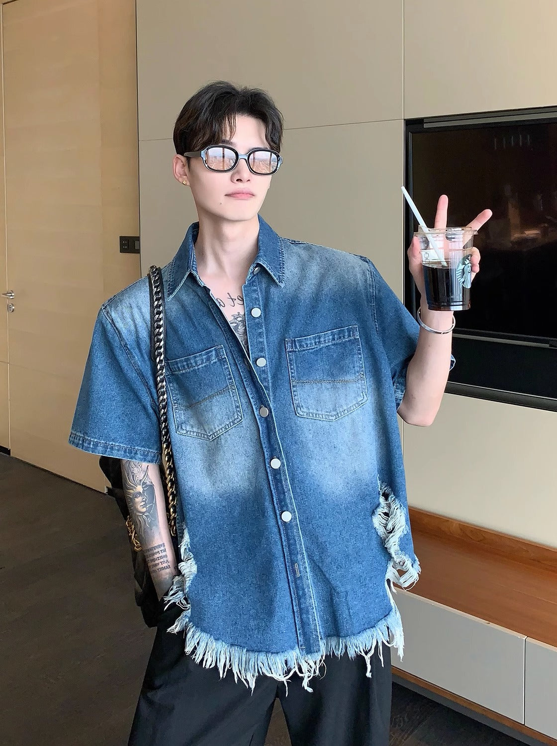 sleeved denim shirt M012