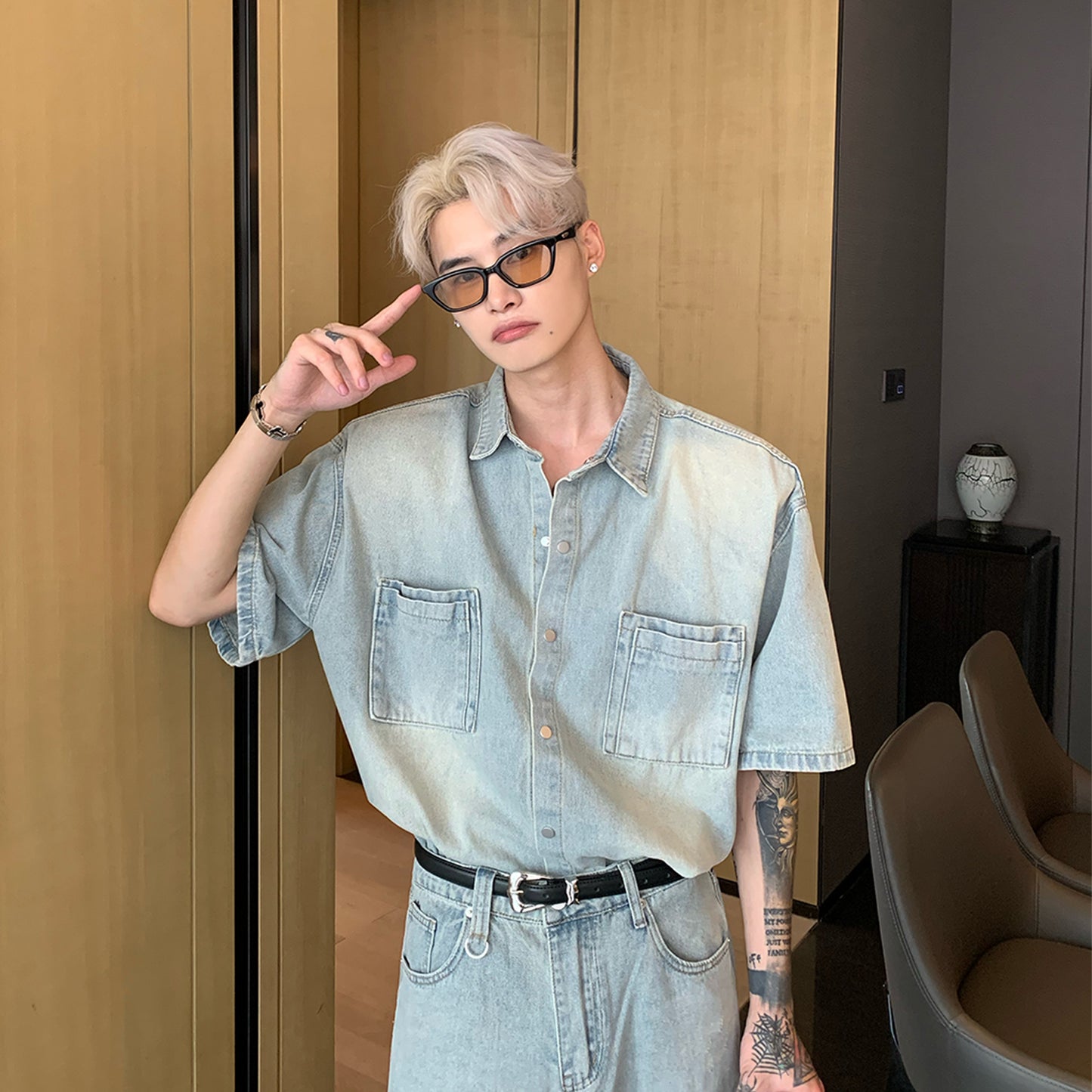 sleeved denim set up M007