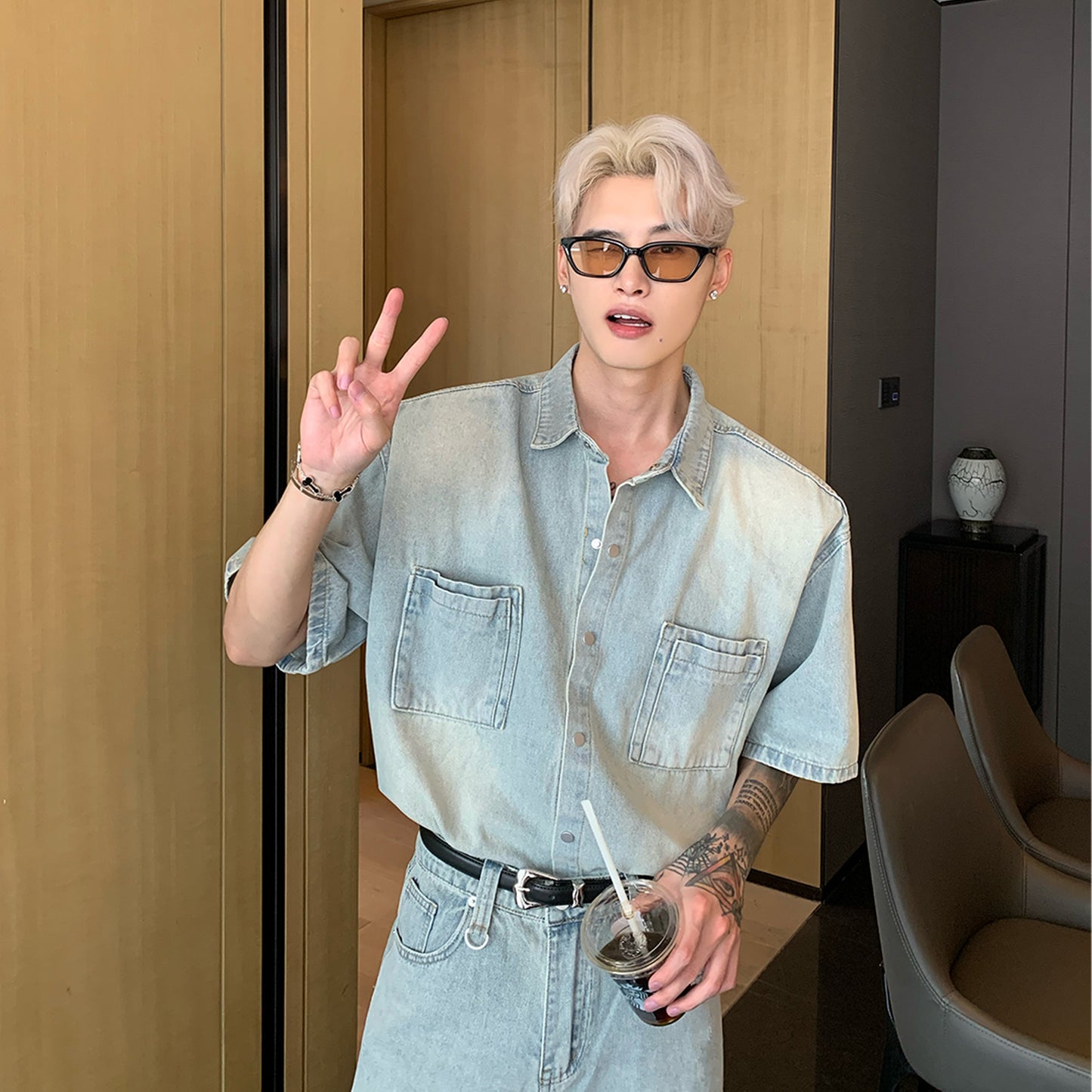 sleeved denim set up M007