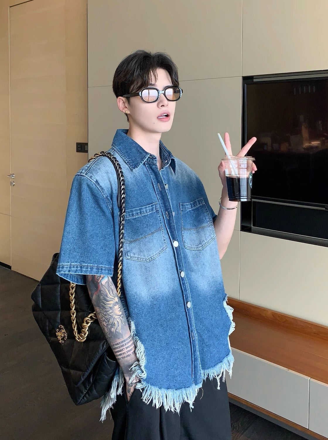 sleeved denim shirt M012