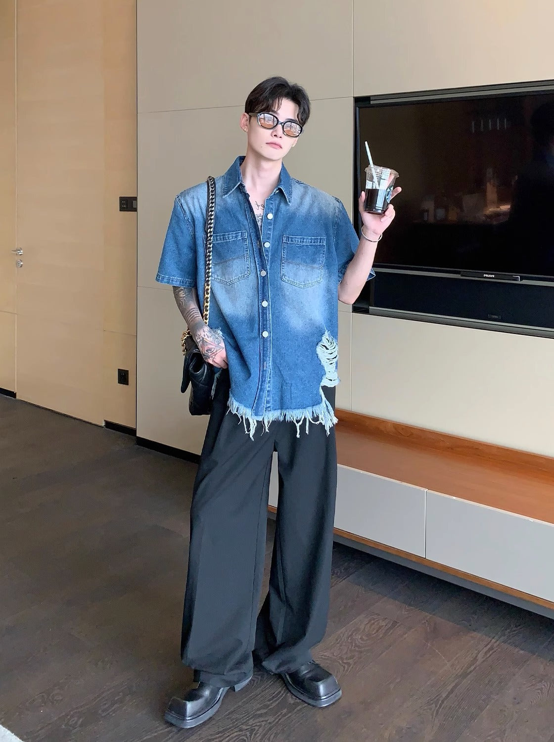 sleeved denim shirt M012